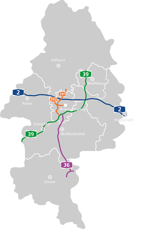 Streckennetz der Bundesautobahnen im Bereich der Polizeidirektion Braunschweig