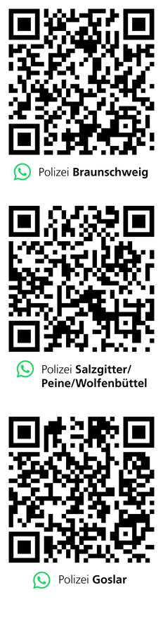 QR Codes der Polizei WhatsApp Kanäle Braunschweig, Salzgitter-Peine-Wolfenbüttel und Goslar