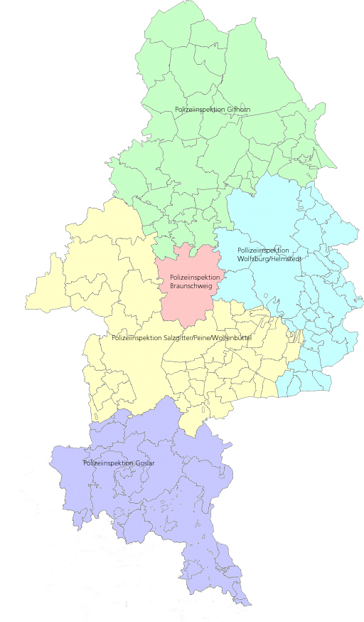 Karte der Polizeidirektion Braunschweig mit Polizeiinspektionen